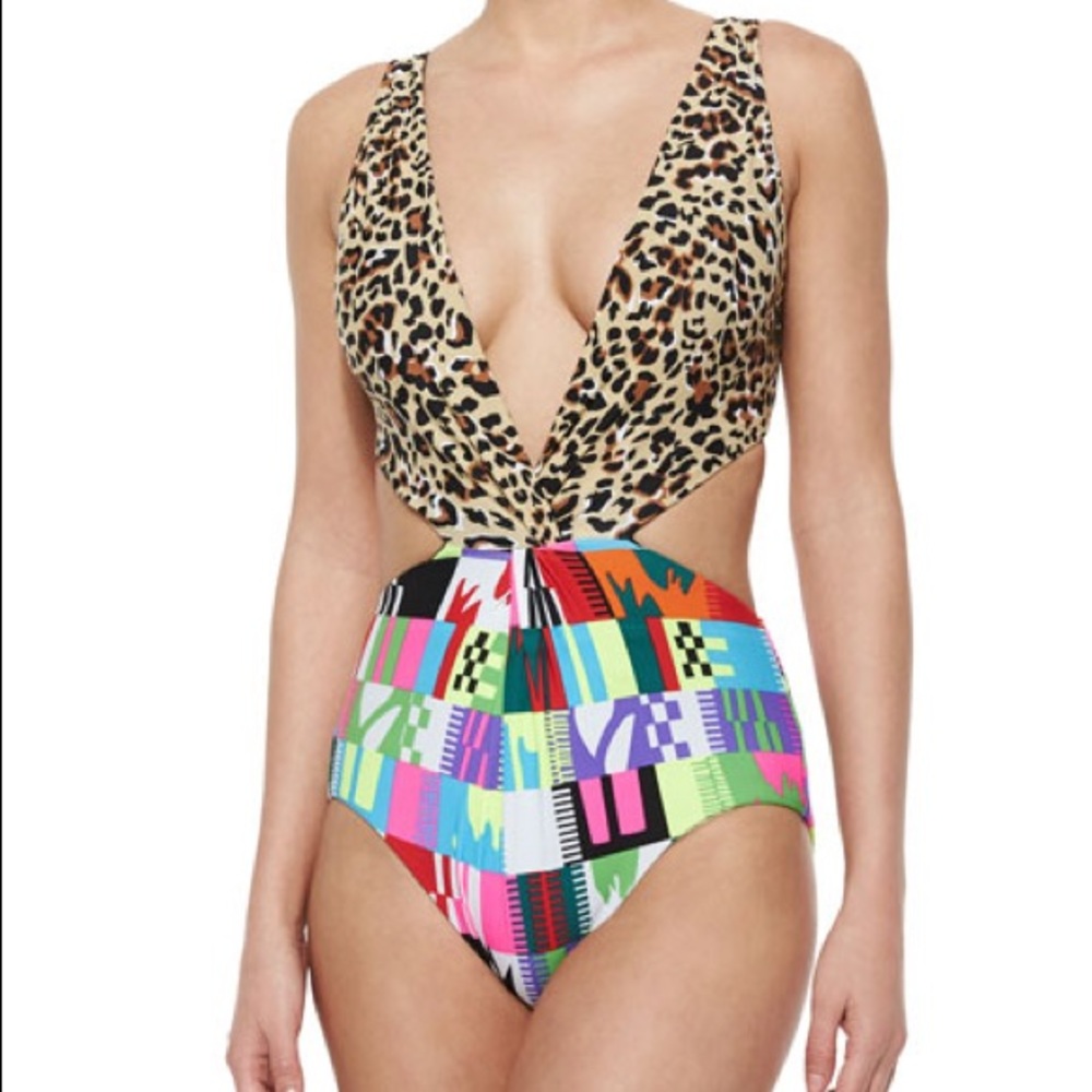 Mara Hoffman deep plunge multi color monokini